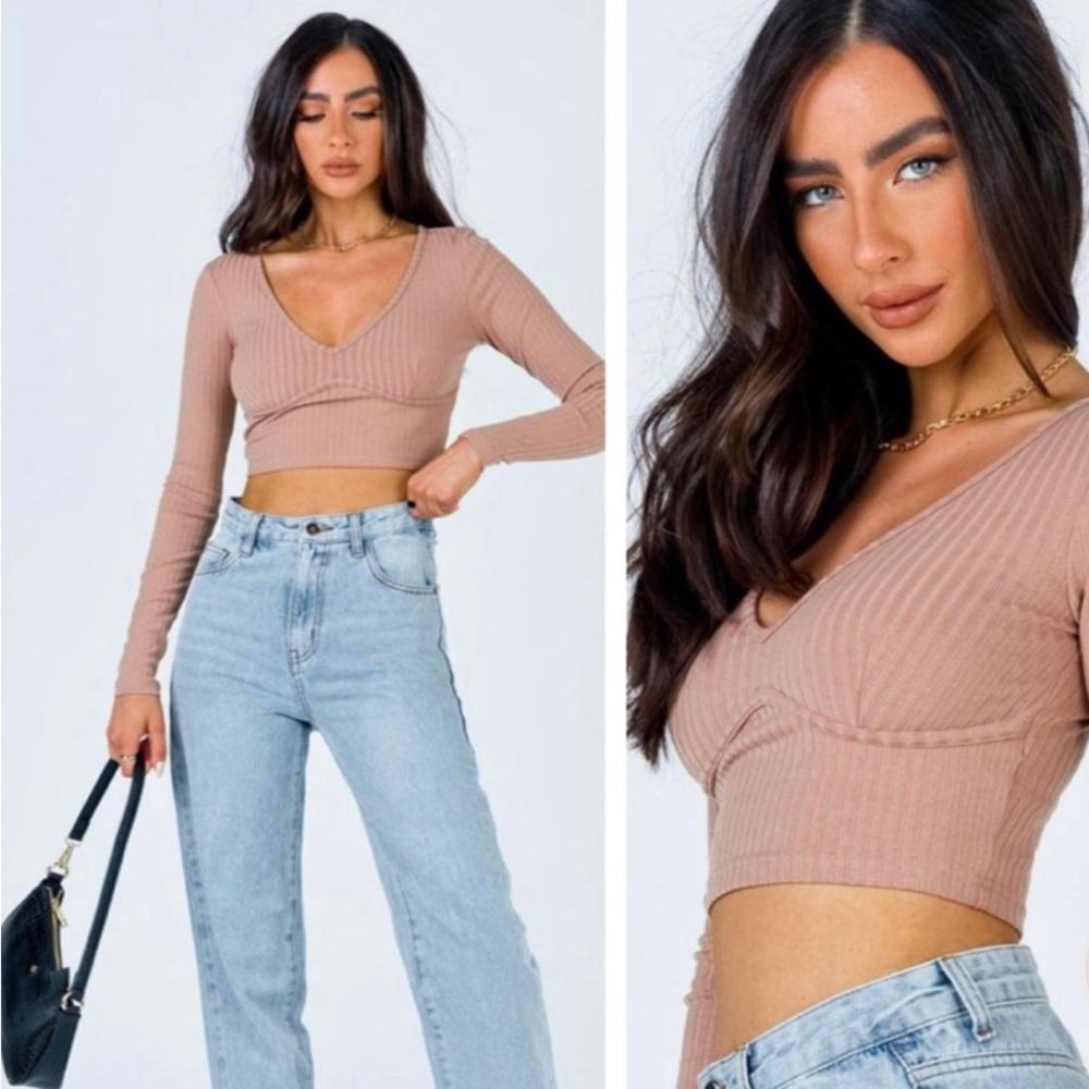 Princess Polly long sleeve tan crop top size 8